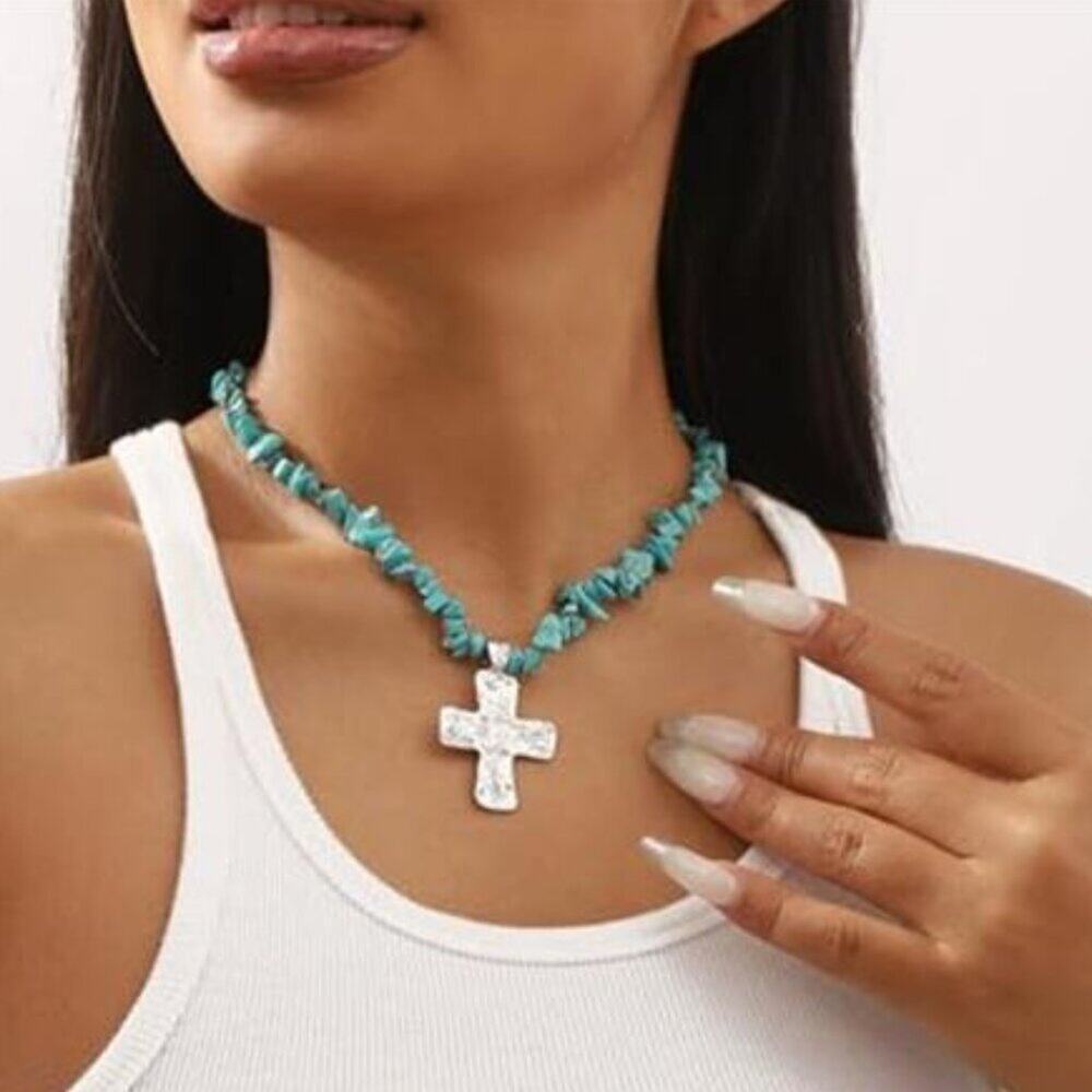 Chunky Turquoise Cross Choker Necklace Big Gravel Natural Stone Western Retro